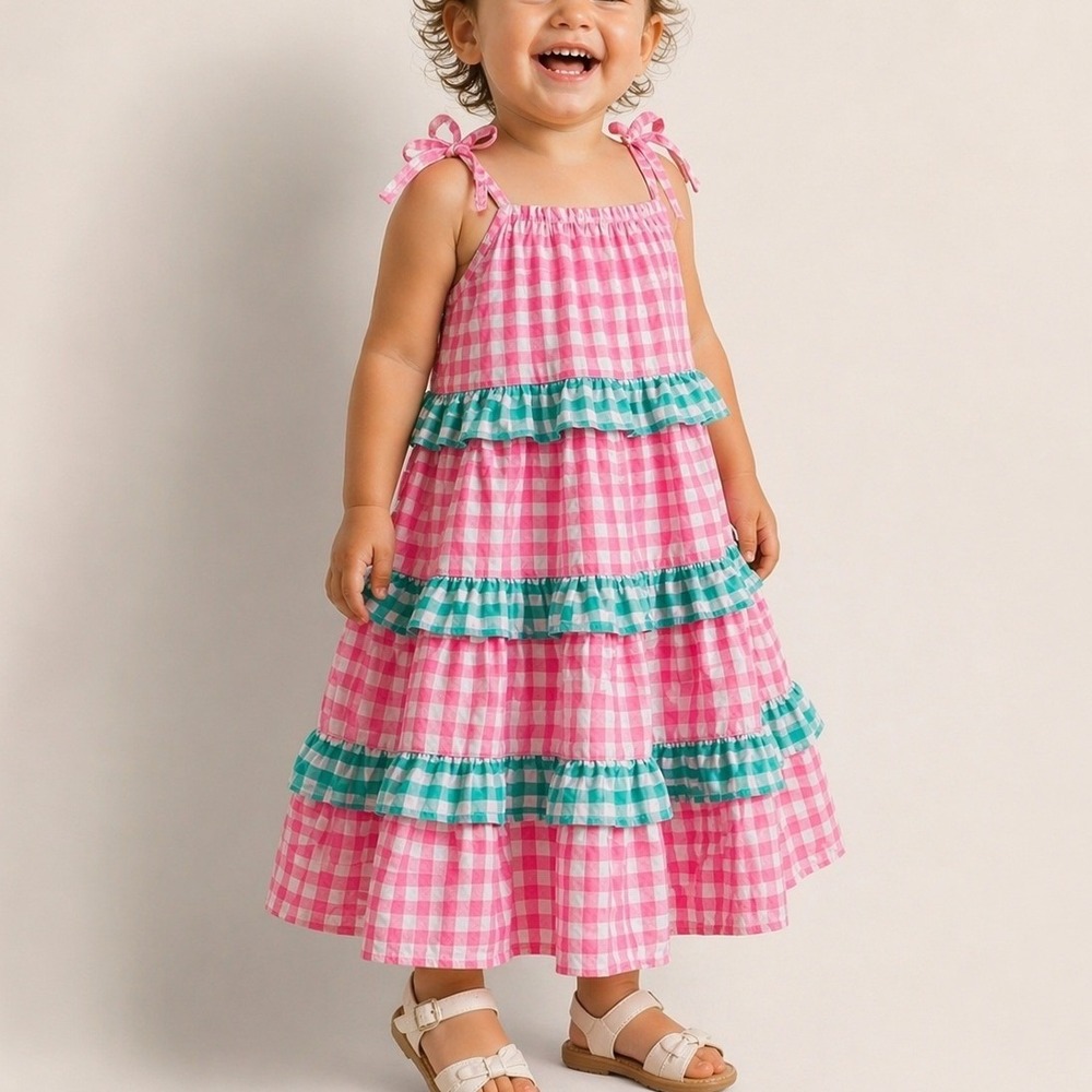 J.Crew Size 2 Pink Green Gingham Tiered Ruffle Long Dress Crewcuts Summer Girls‎